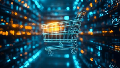 Glowing digital shopping cart representing the evolution of online retail, embodying the dynamic intersection of business and technology in the e-commerce landscape.