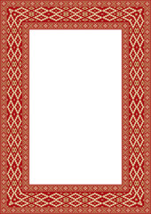 Obraz premium Vector red gold square belarusian national ornament frame. Ethnic pattern rectangle of Slavic peoples, Russian, Ukrainian, Serb, Pole, Bulgarian. Cross stitch template