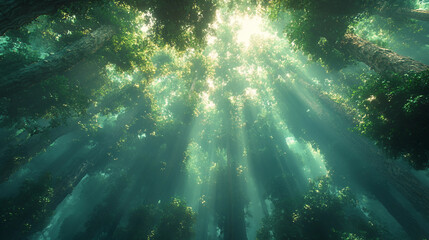 Obraz premium Looking up at the lush green tops of tropical forest trees, forming a dense canopy overhead. The towering trees have thick, textured trunks and sprawling branches covered in vibrant green leaves