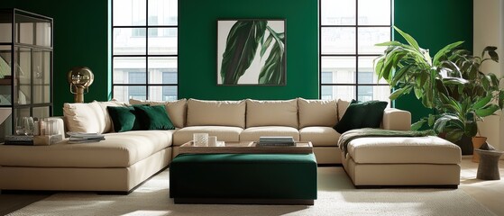 Living room design featuring a cozy beige sectional sofa, modern green walls, stylish decor, indoor plants, and a chic coffee table for contemporary interiors.