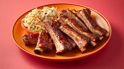 A plate of soft and tender pork ribs with a side of coleslaw, placed on a solid red background,