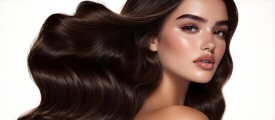Obraz premium A captivating beauty portrait of a flawless model, an editorial fashion shoot. Insanely detailed photo of a beautiful woman with long hair, on a light background. Generative AI