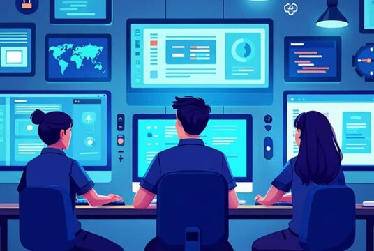 Animated software development team collaborating in modern workspace. Cartoonish vector programmers writing code, tech teamwork with screens displaying coding interface.

