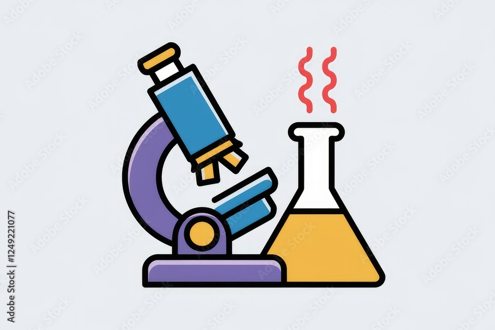 Poster microscope and beaker, symbols of science, research, and discovery in a lab setting.