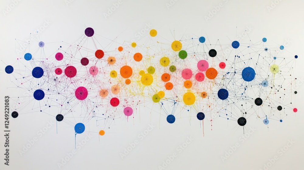 Poster Abstract colorful network visualization with interconnected nodes and lines on white background.
