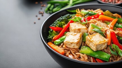 Food Tolerance Concept, Colorful Vegan Stir Fry Bowl with Tofu and Fresh Vegetables for a Healthy Meal Option