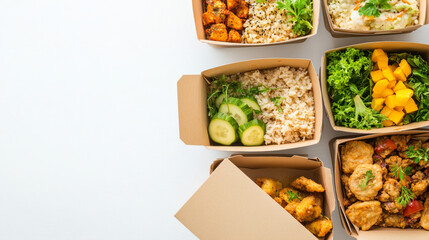 A restaurant-style healthy meal delivery service, offering takeout boxes designed for balanced daily nutrition, set against a white background