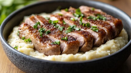 Sliced Grilled Steak on Creamy Mashed Potatoes with Fresh Herbs