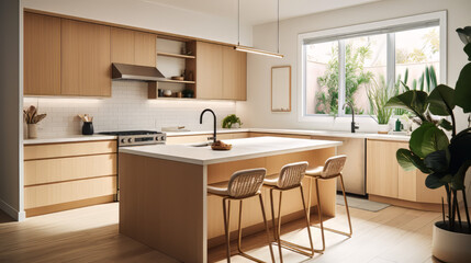 A Japandi-inspired kitchen with light wooden cabinets, white quartz countertops, and a neutral backsplash