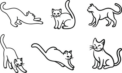 Naklejka premium Cats Doodles Set – Outline Cat Poses, Cute Vector Line Cat Collection, Silhouette Cat Bundle, Hand-Drawn Kitty Sketches, Minimalist Feline Illustration