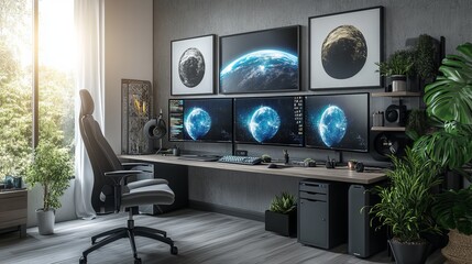 Cozy Workspace Featuring a Modern Computer on a Minimalist Desk Surrounded by Lush Green Plant Adding a Touch of Nature Creating an Inviting and Productive Atmosphere for Creativity