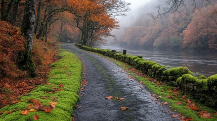 Naklejka premium Autumnal river path, misty valley, foliage, travel