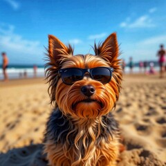 Yorkshire Terrier on the Beach with Sunglasses, Concert summer 

