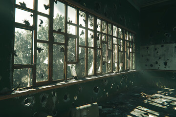 Abandoned war-damaged classroom with shattered windows and bullet-riddled walls. Destruction, conflict, ruins, devastation, aftermath