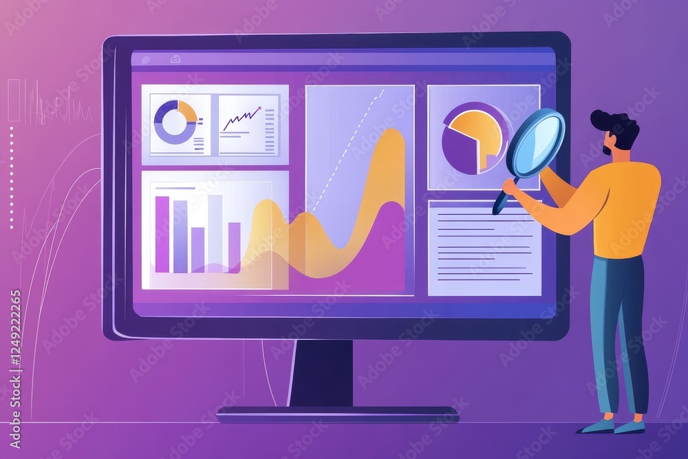 Poster businessman analyzing data charts on computer screen in office