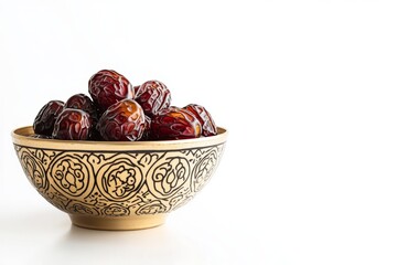 Dates in ornate bowl, white background, Ramadan