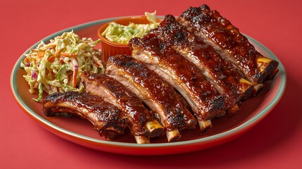A plate of soft and tender pork ribs with a side of coleslaw, placed on a solid red background,