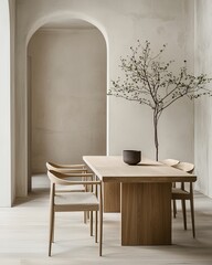Minimalist dining room featuring a wooden table, elegant chairs, and a decorative branch in an inviting, neutral space.