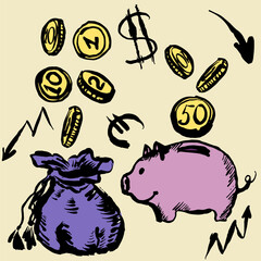 Bag, piggy bank and coins, arrows. Old style. Hand draw doodle, ink texture. Vector, isolated.