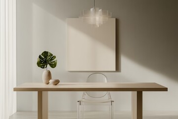 Modern dining area featuring minimalist decor, a wooden table, clear chair, contemporary pendant light, and stylish plant arrangement. Interior design inspiration.