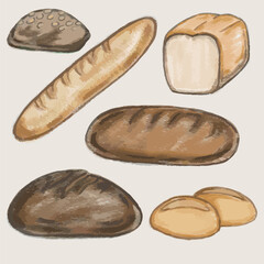 Bread and bread roll, baguette. Vector, isolated, hand draw. Cartoon style, pencil texture.