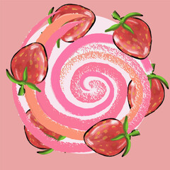 Strawberries in circle, swirls with brush texture. Vector, isolated, hand draw doodle.
