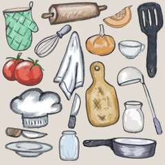 Set kitchen utensil. Hand draw pencil texture. Vector, isolated.