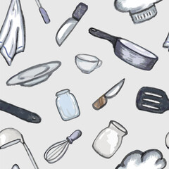 Seamless pattern kitchen utensil. Hand draw pencil texture. Vector, isolated.