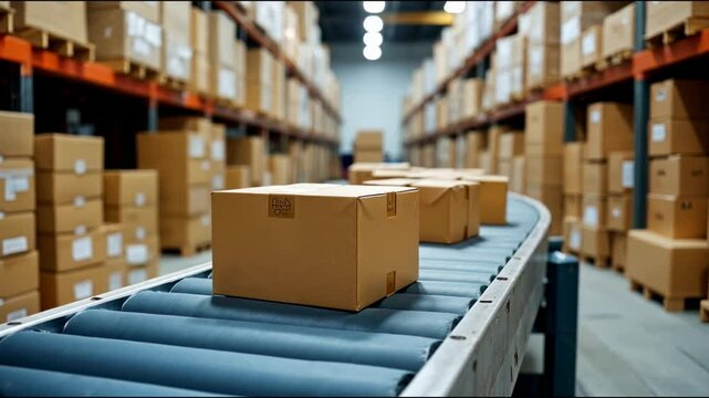 Warehouse Conveyor Belt System Moves Packages Efficiently in Modern Facility, Showing Seamless Logistics Operations