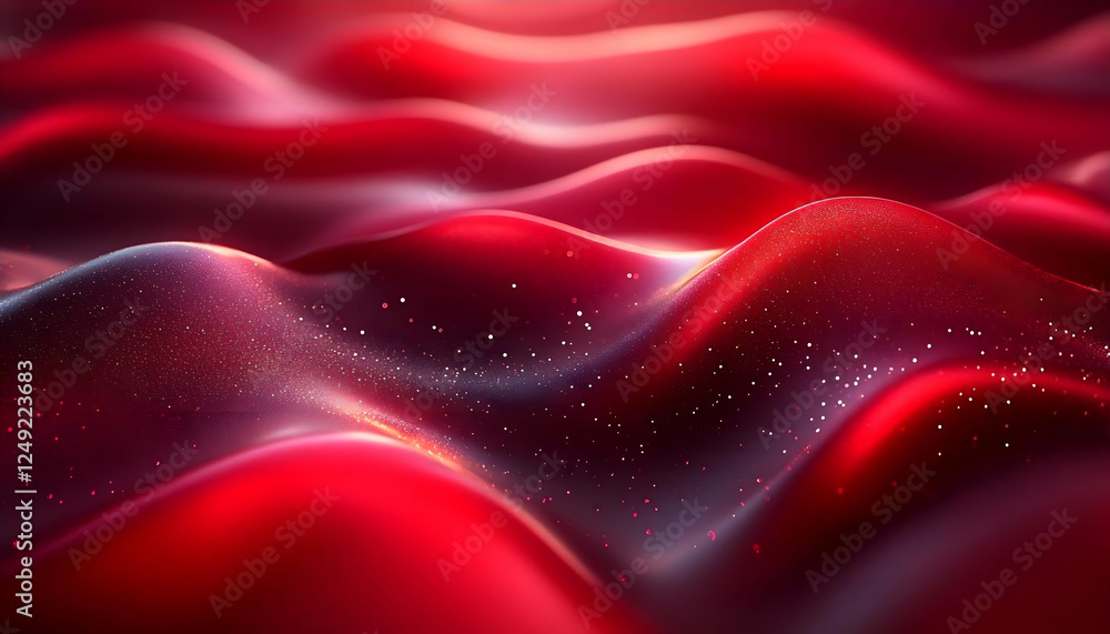 Poster abstract undulating forms in vibrant red with subtle sparkles, ideal as a captivating backdrop for c