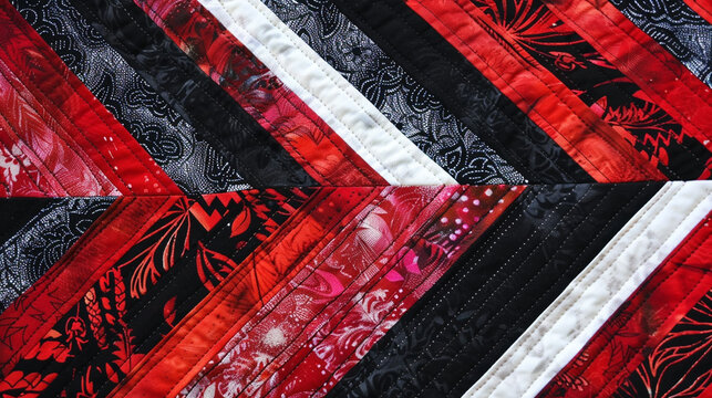 A "Chevron" quilt block with alternating bold diagonal stripes in shades of red, black, and white, creating a dramatic visual contrast.