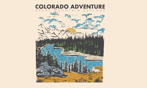 Colorado adventure. The great outdoor. Take a hike vector print design. Wild lake artwork for posters, stickers, background and others. Outdoor vibes illustration. Adirondack Mountains.