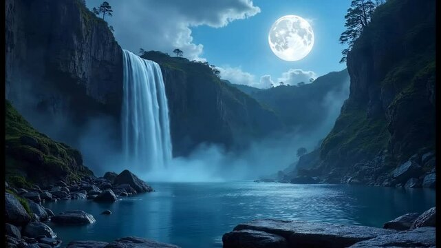 Majestic Waterfall at Night with Full Moon - Nature Landscape Video Footage - Serene Night