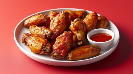 A plate of spicy chicken wings with a side of dipping sauce, placed on a solid red background,