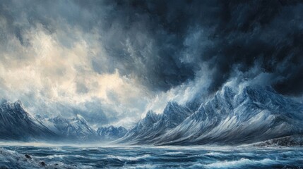 Fototapeta premium A dramatic winter storm rolling over the mountains, dark clouds meeting the icy peaks