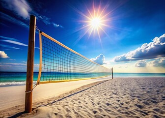 Volleyball Net on Pristine White Sand Beach, Sunny Day, Healthy Outdoor Fun