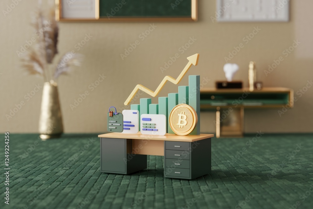 Poster bitcoin price growth visualized on a desk with documents and bar graph, symbolizing financial succes