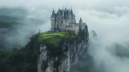 Majestic Castle Perched High on Rugged Mountain Peak Surrounded by Enveloping Mist and Ethereal Fog Creating a Dreamlike and Enigmatic Atmosphere in a Breathtaking Natural Landscape