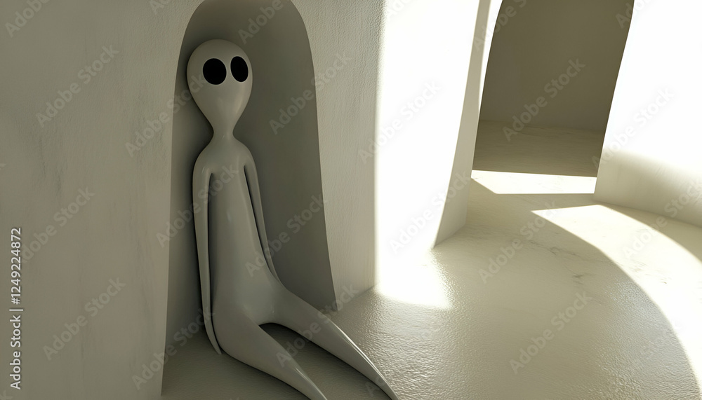 Poster alien sits within curved arches. it is a digital illustration depicting a futuristic architectural b
