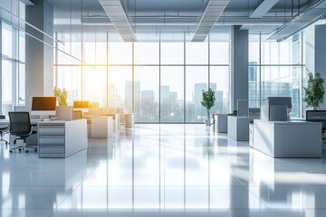 Spacious Minimalist Office Interior with Bright Natural Light and City View