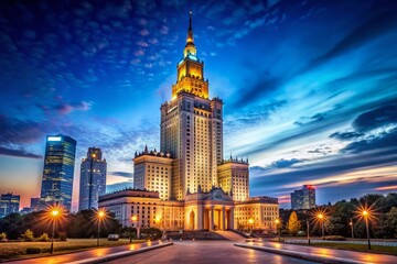 Obraz premium Warsaw Palace of Culture and Science Night Lights Minimalist Photography 4K Poland