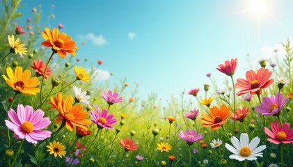 A colorful mix of fresh wildflowers in a sunny open space, wildflowers, yellow, field