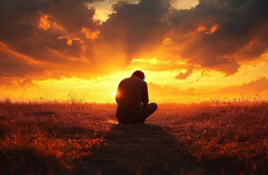Silhouette of a Man Praying in a Vast Field at Sunset Reflecting Graceful Introspection and Spirituality