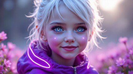 Fototapeta premium A young girl with blue eyes and pink flowers in the background