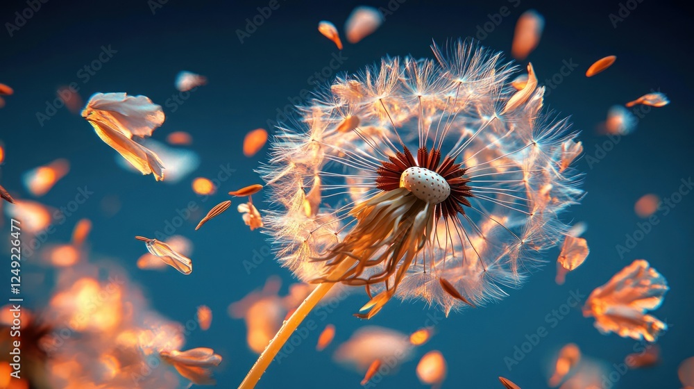 Poster delicate dandelion seeds floating in air with soft background light