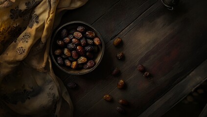 Dates bowl wood table Ramadan background