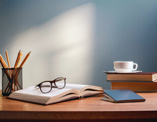 Organized Workspace with Office Supplies on Wooden Desk