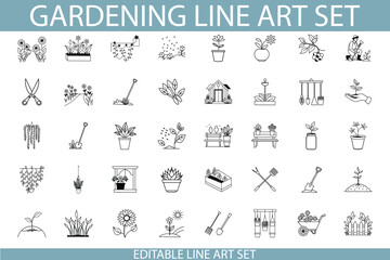 Editable Gardening Line Art Set Plants, Tools, and Flowers