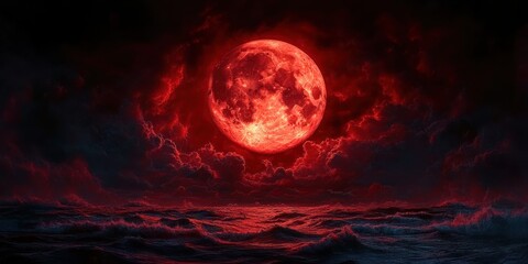 Dramatic Red Moon Over Stormy Sky, Ethereal Landscape with Chaos in Night, Full Moon Glow and Halloween Horror Atmosphere