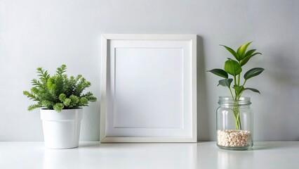 White Empty Picture Frame Mockup with Potted Plants and Glass Jar - Blank Background for Design Presentation